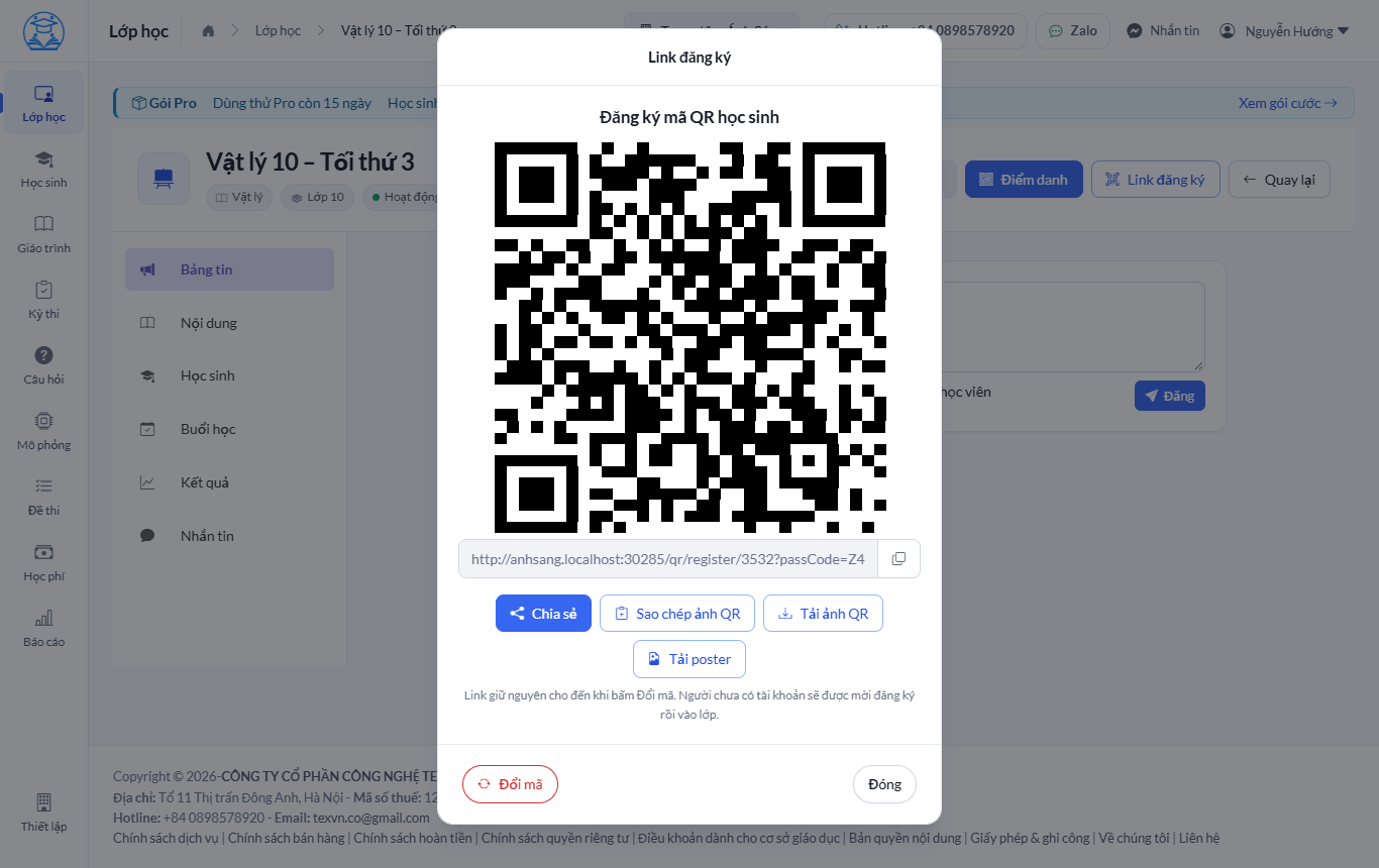 Hộp thoại Link đăng ký của lớp với mã QR, nút sao chép link, tải ảnh QR và tải poster